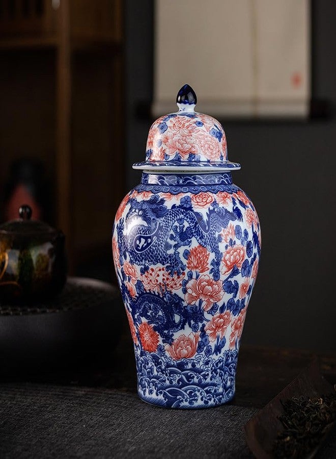 SILINE Porcelain Airtight Canister 45 Oz/1350ml, Blue White with Red Glazed Ceramic Large Food Storage Jar, Home Décor,Room Office Decoration -Dragon - Image 5